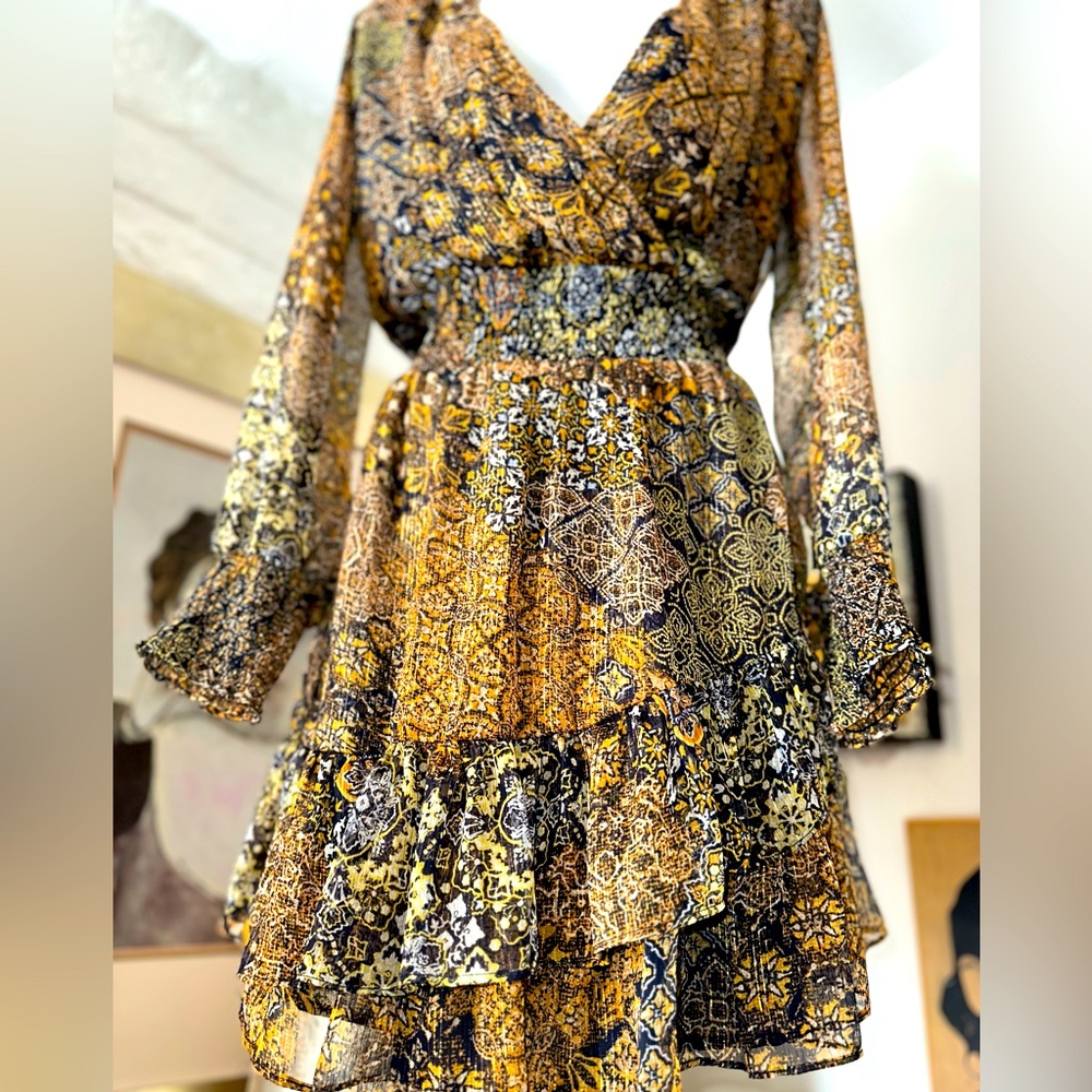 Mega Patchwork V-Neck Long-Sleeve Mini Dress - image 3